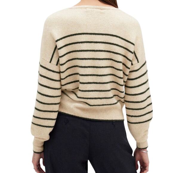 Madewell Wedged V Neck Sweater Luxury Forest Stripe Beige Green Cotton Medium - Picture 2 of 9